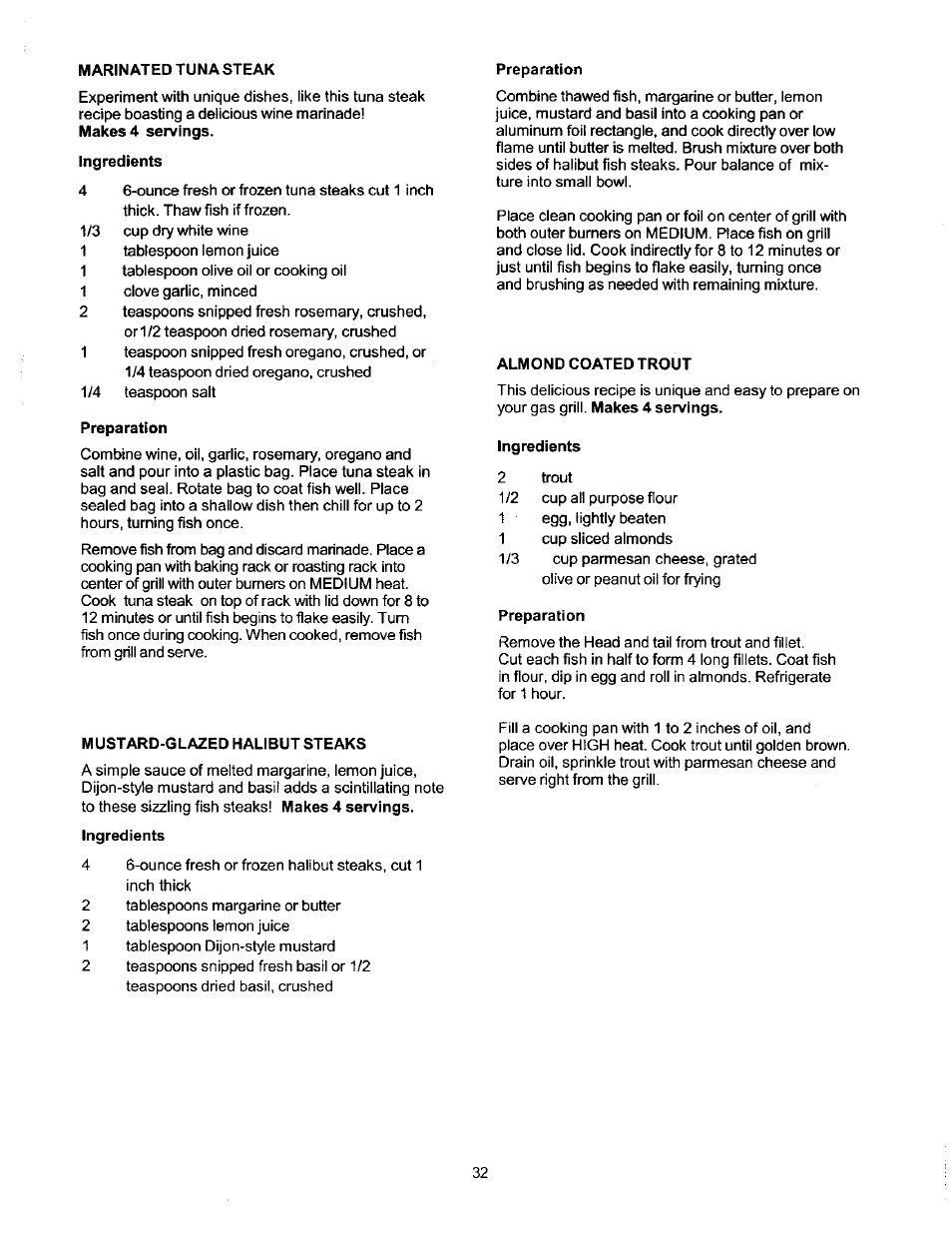 Ingredients, Preparation, Almond coated trout | Mustard-glazed halibut steaks | Kenmore ELITE 141.1668 User Manual | Page 32 / 38