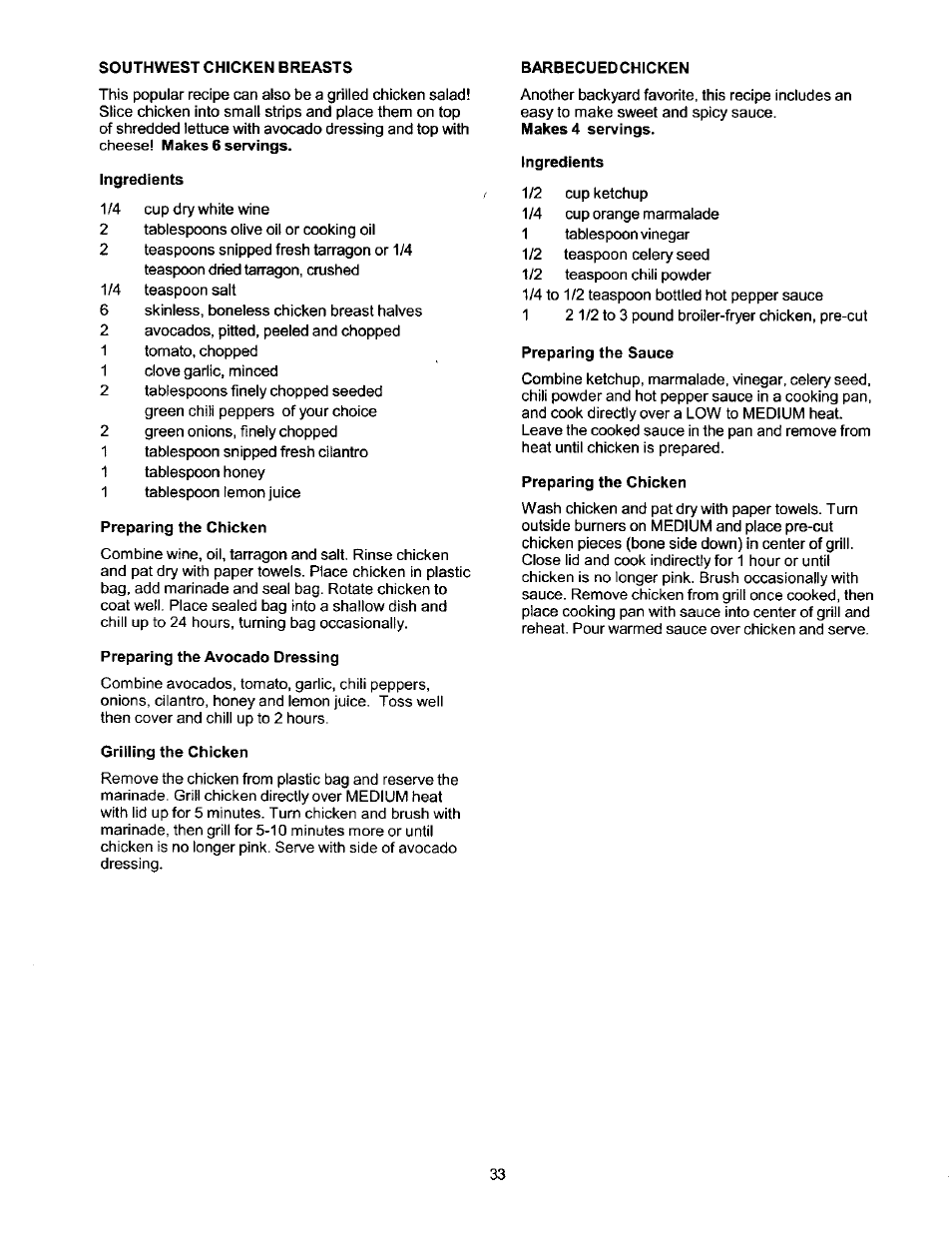 Ingredients, Preparing the chicken, Preparing the avocado dressing | Grilling the chicken, Preparing the sauce | Kenmore ELITE 141.1668 User Manual | Page 33 / 38