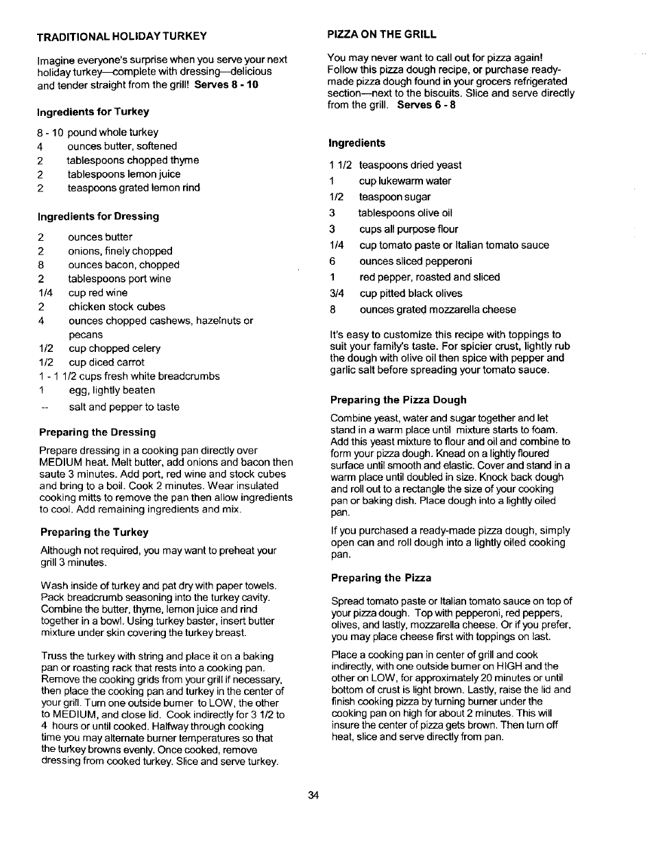 Ingredients for turkey, Ingredients for dressing, Preparing the dressing | Preparing the turkey, Ingredients, Preparing the pizza dough, Preparing the pizza | Kenmore ELITE 141.1668 User Manual | Page 34 / 38