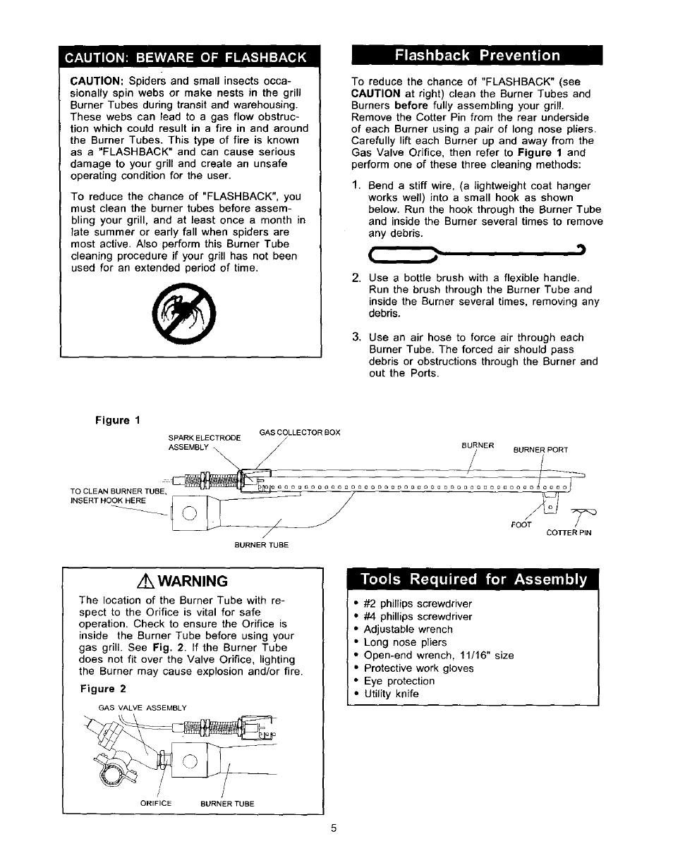 Caution: beware of flashback, Flashback prevention, A warning | Tools required for assembly | Kenmore ELITE 141.1668 User Manual | Page 5 / 38