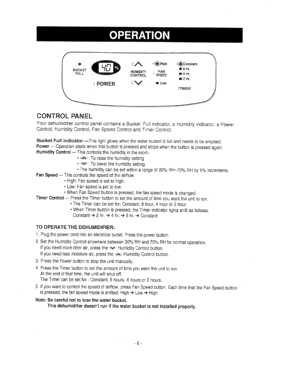 Operation, Control panel | Kenmore 580.53650 User Manual | Page 6 / 13