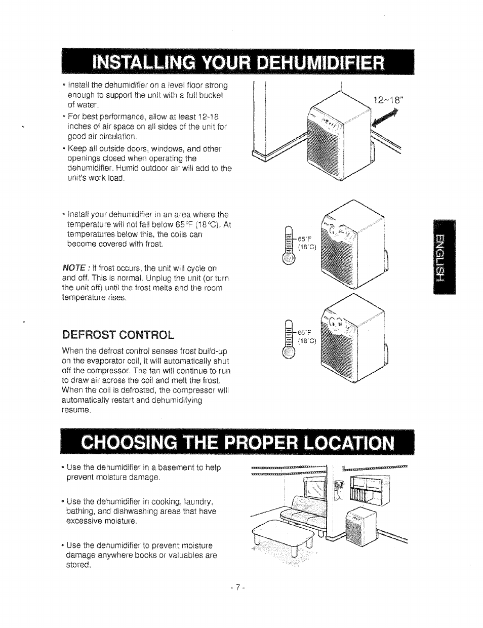 Installing your dehumidifier, Choosing the proper location, Defrost | Kenmore 580.53650 User Manual | Page 7 / 13