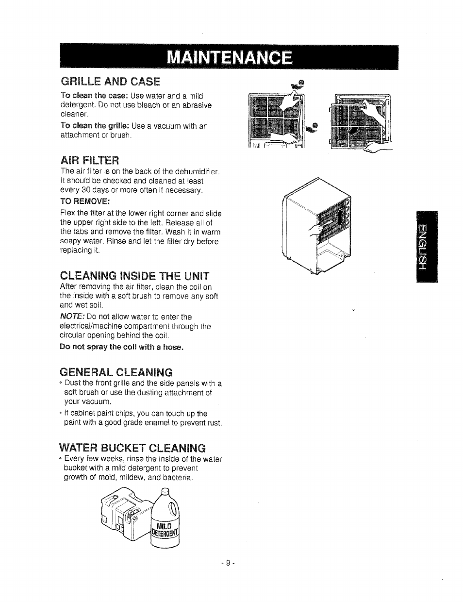 Grille and case, Air filter, Cleaning inside the unit | Water bucket cleaning, Maintenance, Unit, General cleaning | Kenmore 580.53650 User Manual | Page 9 / 13