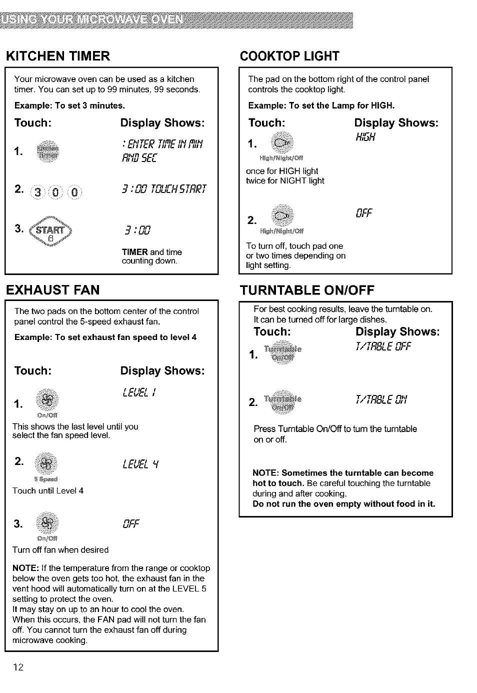 Touch, Display shows, Ehjer jineltiniti bus see | 00 touchsjhrj, Level i, Level, Hibh, R/thbleoee, T/thbleou, Kitchen timer cooktop light | Kenmore 721.63654 User Manual | Page 12 / 66