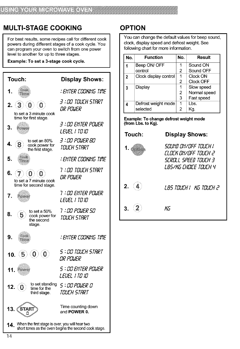 Multi-stage cooking, Option, Touch | Display shows, Multi-stage cooking option, Touch: display shows: 1, Display shows: 5 | Kenmore 721.63654 User Manual | Page 14 / 66