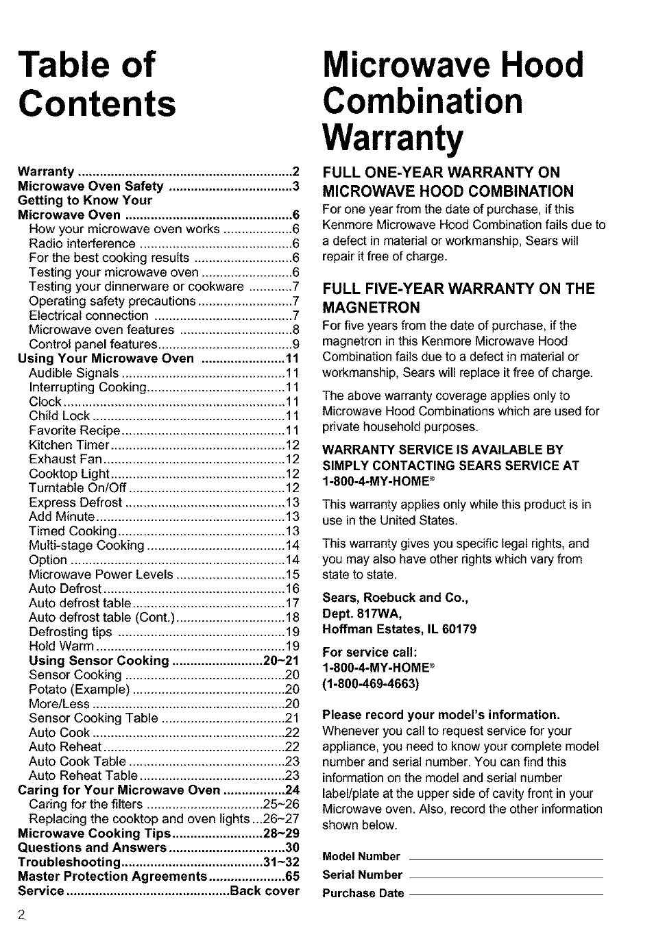 Microwave hood, Combination, Warranty | Microwave oven safety 3 microwave hood combination, Full one-year warranty on, Microwave hood combination, Full five-year warranty on the, Magnetron | Kenmore 721.63654 User Manual | Page 2 / 66