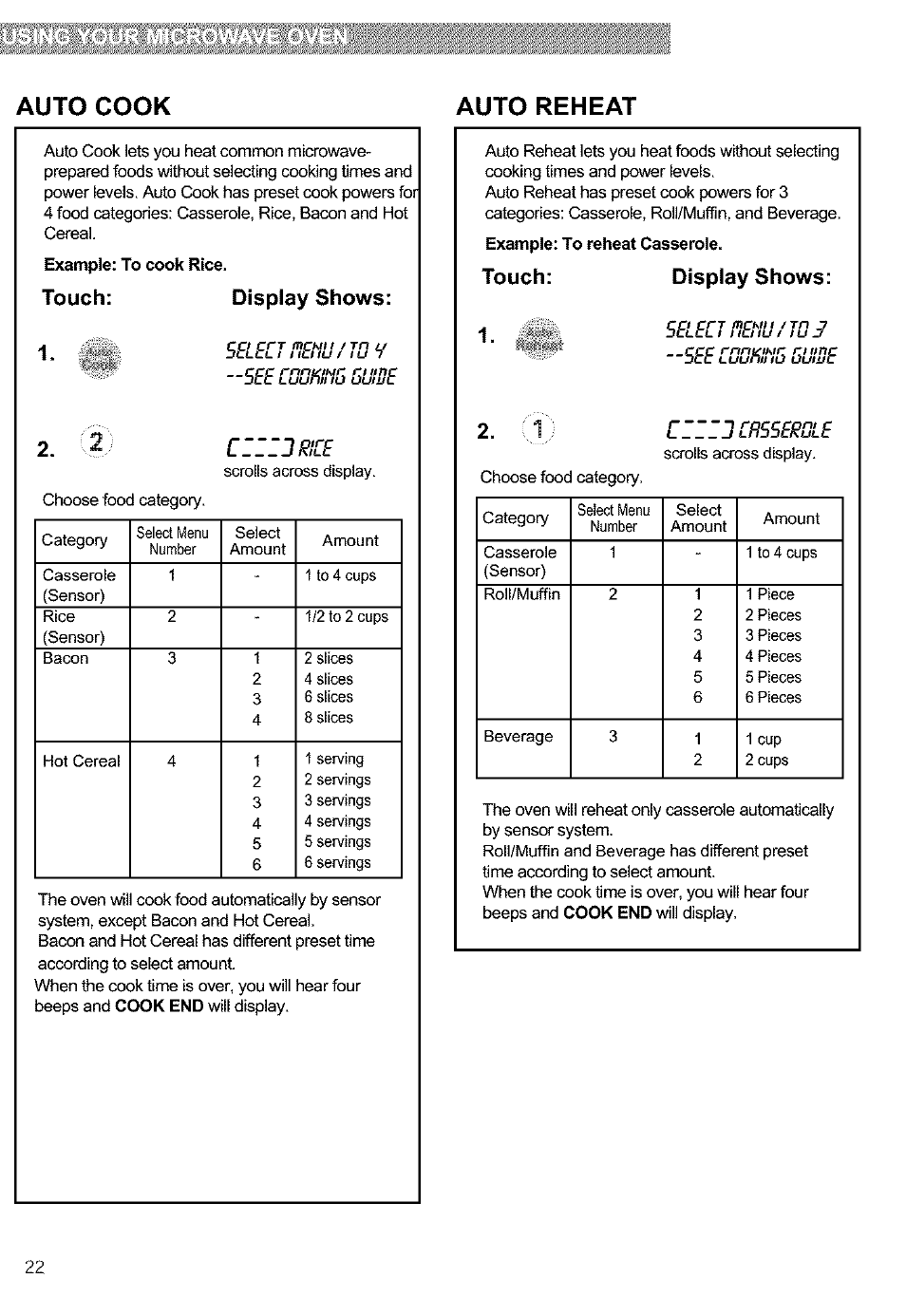 Touch, Display shows, Touch: display shows | Cizzjrice, Czzzjcr55eñole, Auto cook auto reheat | Kenmore 721.63654 User Manual | Page 22 / 66