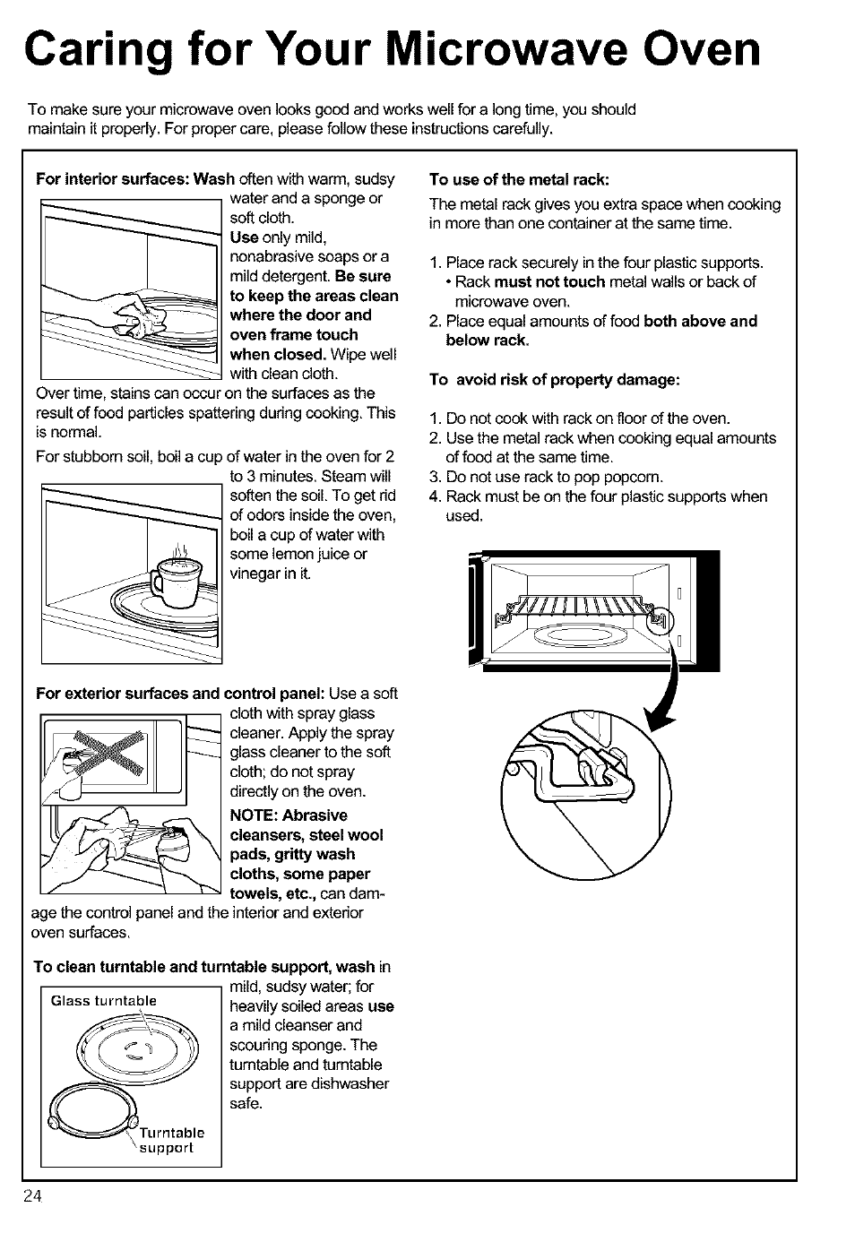 Caring for your microwave oven, To clean turntable and turntable support, wash in, To use of the metal rack | To avoid risk of property damage | Kenmore 721.63654 User Manual | Page 24 / 66