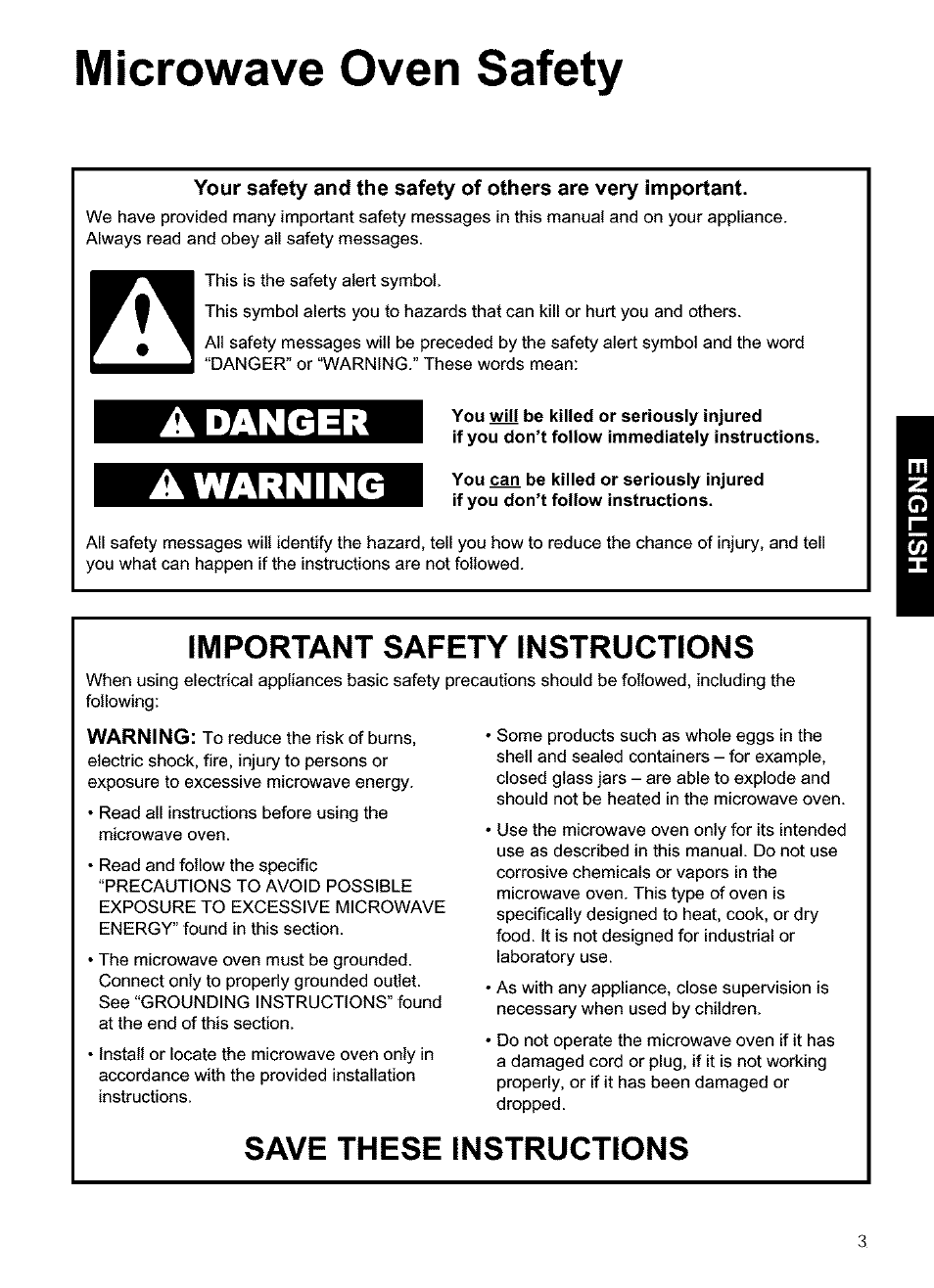 Microwave oven safety, Important safety instructions, Save these instructions | Danger, Warning | Kenmore 721.63654 User Manual | Page 3 / 66