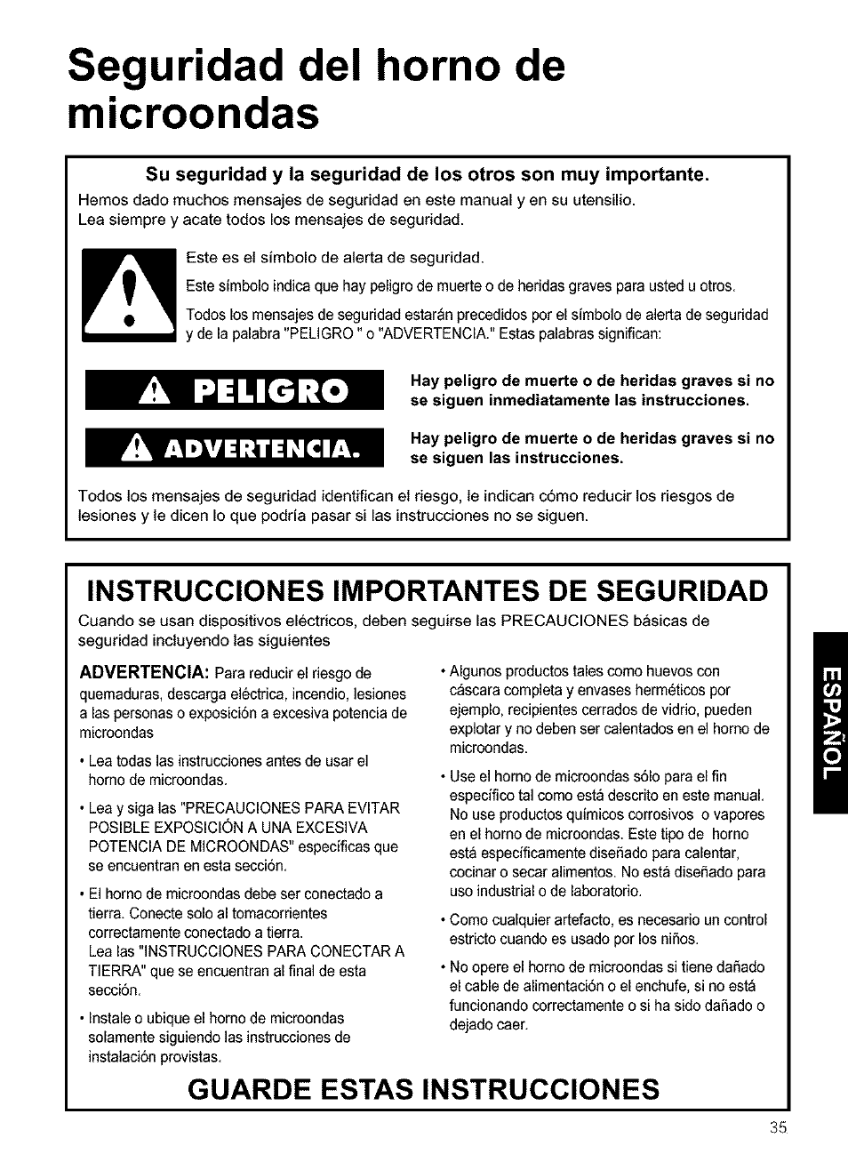 Seguridad del horno de microondas, Instrucciones importantes de seguridad, Guarde estas instrucciones | Advertencia, Peligro | Kenmore 721.63654 User Manual | Page 35 / 66