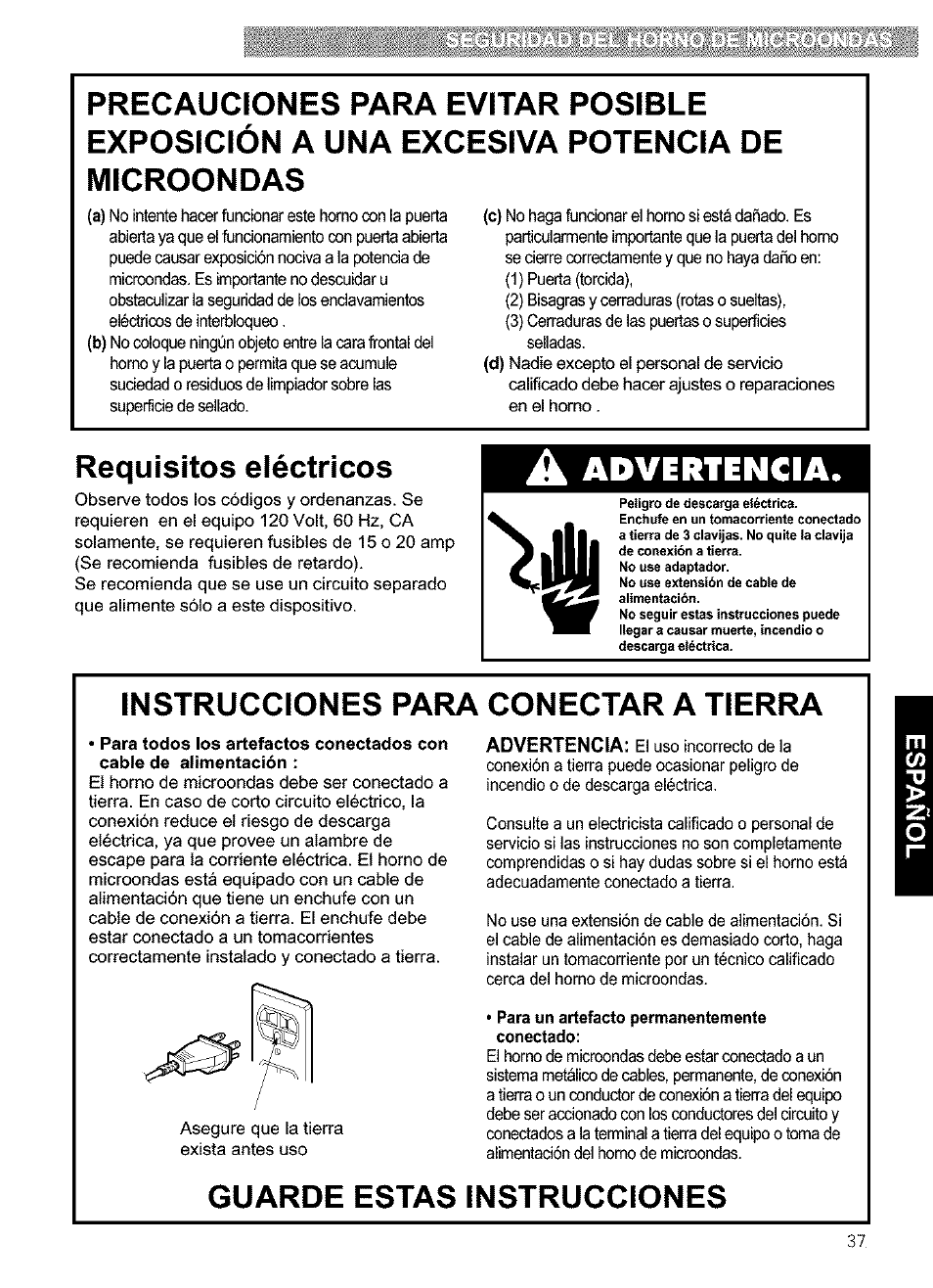 Requisitos eléctricos, Instrucciones para conectar a tierra, Guarde estas instrucciones | A advertencia | Kenmore 721.63654 User Manual | Page 37 / 66