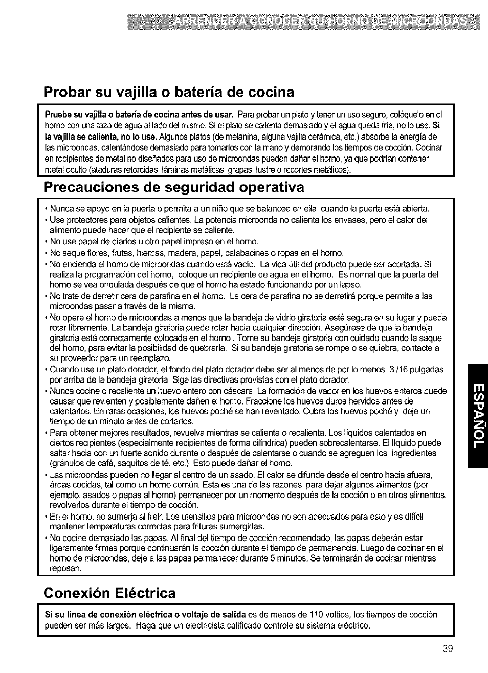 Probar su vajilla o batería de cocina, Precauciones de seguridad operativa, Conexión eléctrica | Kenmore 721.63654 User Manual | Page 39 / 66