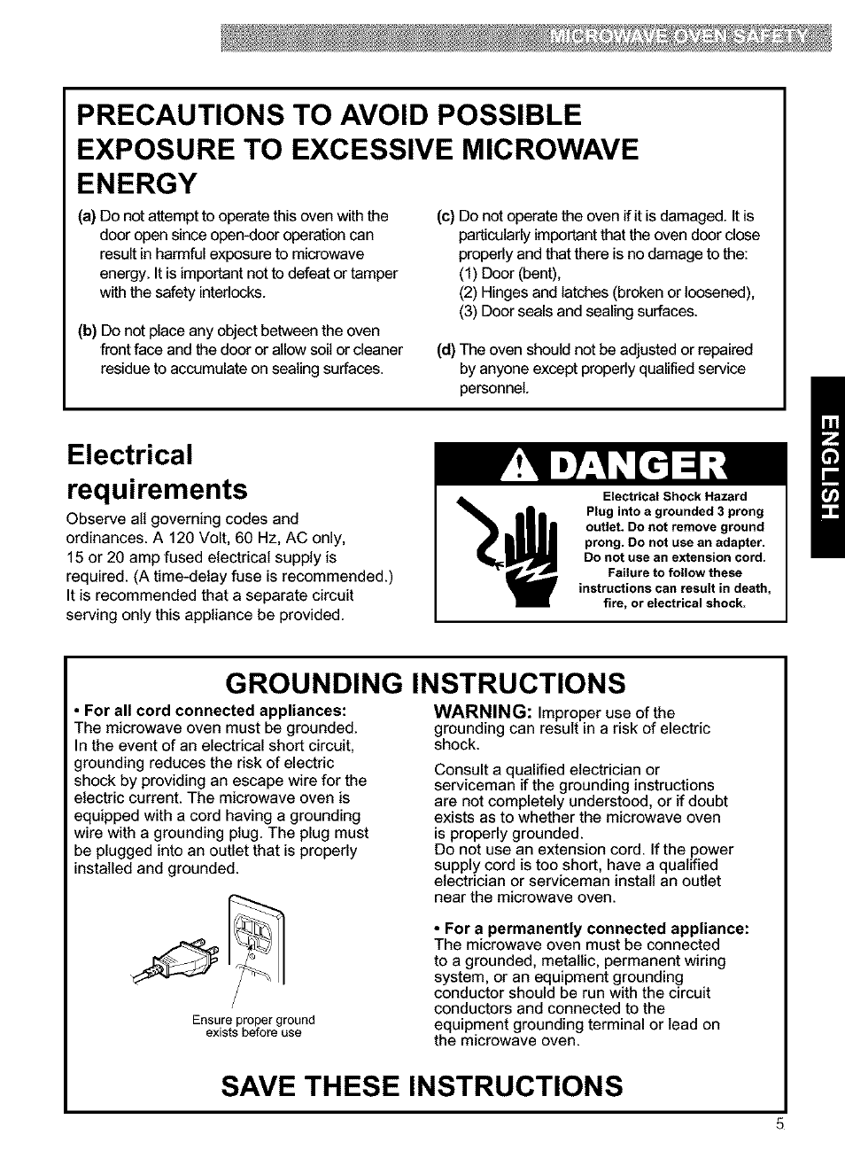 Electrical, Requirements, Grounding instructions | Save these instructions, Danger, Electrical requirements | Kenmore 721.63654 User Manual | Page 5 / 66