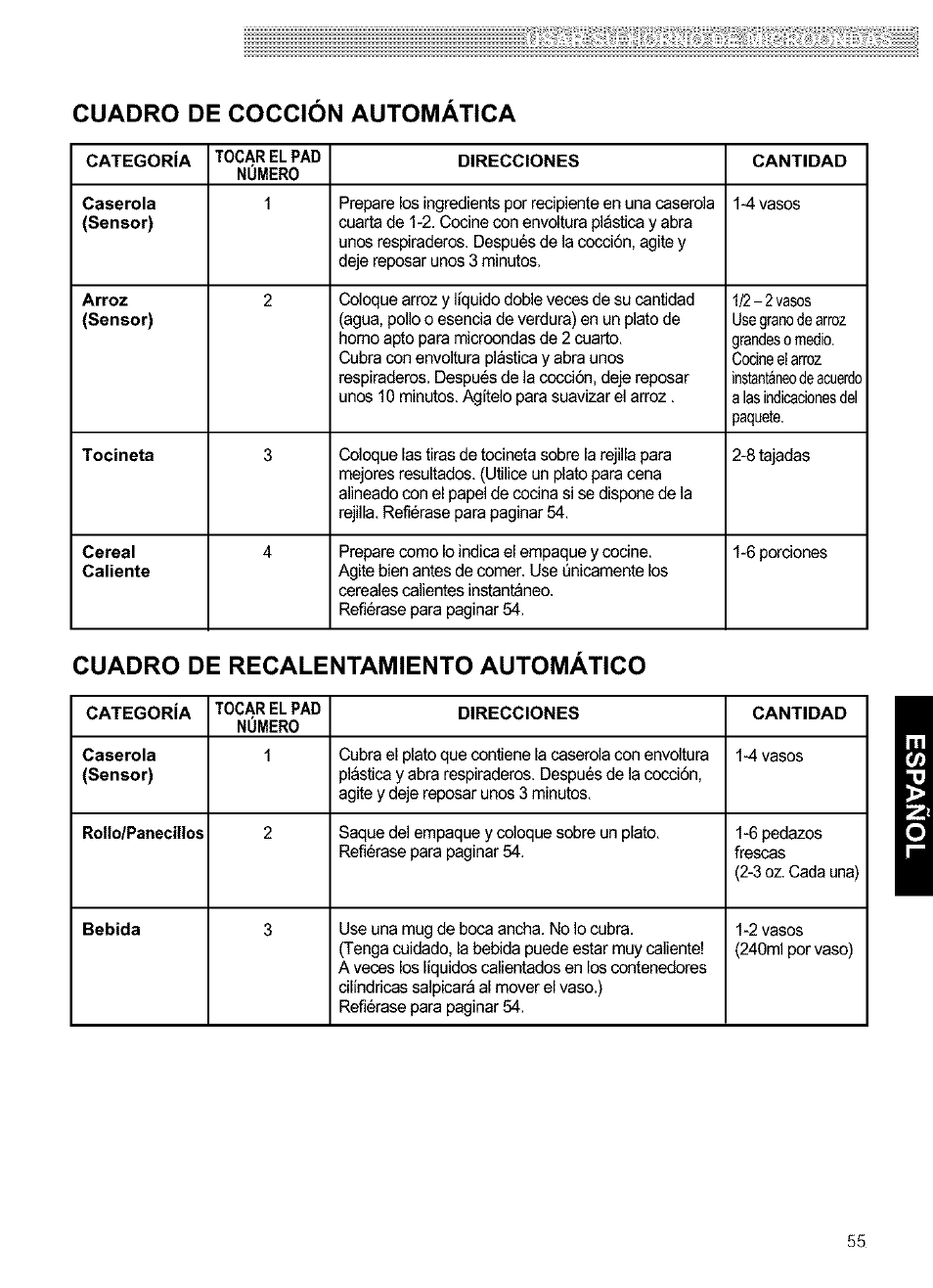 Cuadro de coccion automatica, Cuadro de recalentamiento automatico | Kenmore 721.63654 User Manual | Page 55 / 66