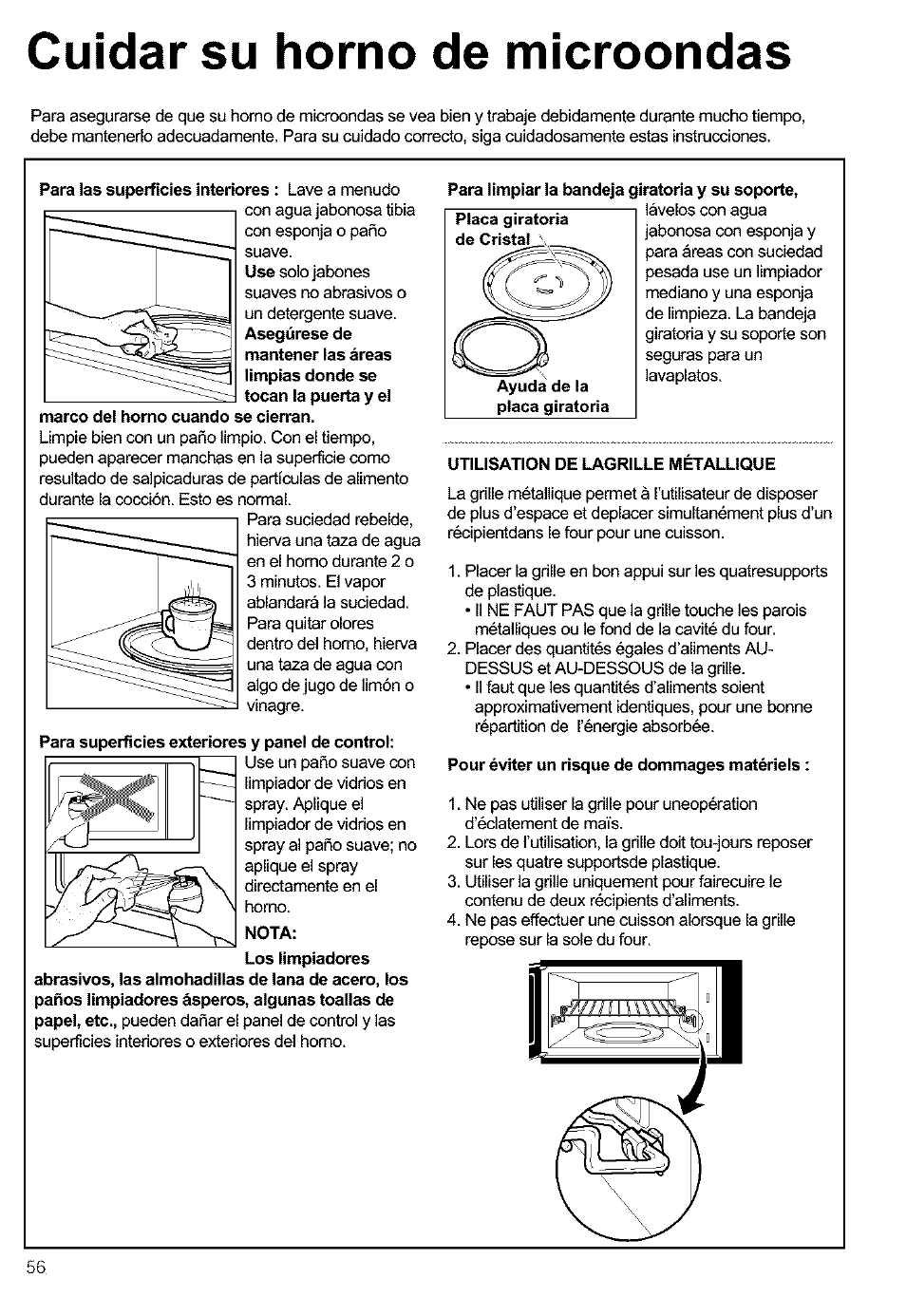 Cuidar su horno de microondas, Para superficies exteriores y panel de control, Nota | Para limpiar la bandeja giratoria y su soporte, Utilisation de lagrille métallique, Pour éviter un risque de dommages matériels, Usar su horno de microondas | Kenmore 721.63654 User Manual | Page 56 / 66