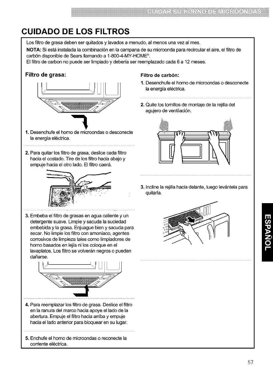 Cuidado de los filtros, Filtro de grasa, Filtro de carbón | Kenmore 721.63654 User Manual | Page 57 / 66