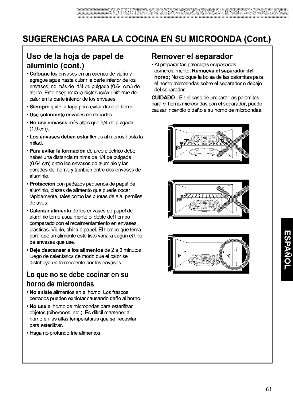 Sugerencias para la cocina en su microonda (cont.), Uso de la hoja de papel de aluminio (cont.), Remover el separador | Kenmore 721.63654 User Manual | Page 61 / 66