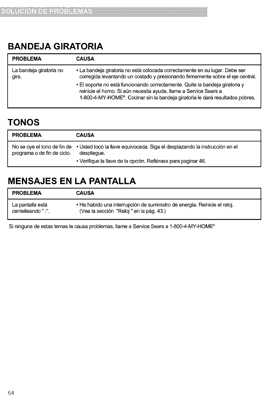 Bandeja giratoria, Tonos, Mensajes en la pantalla | Kenmore 721.63654 User Manual | Page 64 / 66