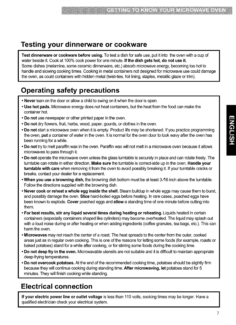 Testing your dinnerware or cookware, Operating safety precautions, Electrical connection | Kenmore 721.63654 User Manual | Page 7 / 66