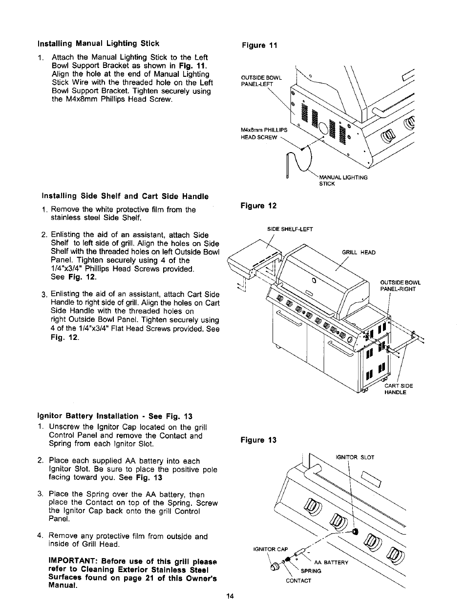 Installing side shelf and cart side handle, Ignitor battery installation - see fig. 13 | Kenmore 141 17690 User Manual | Page 14 / 38