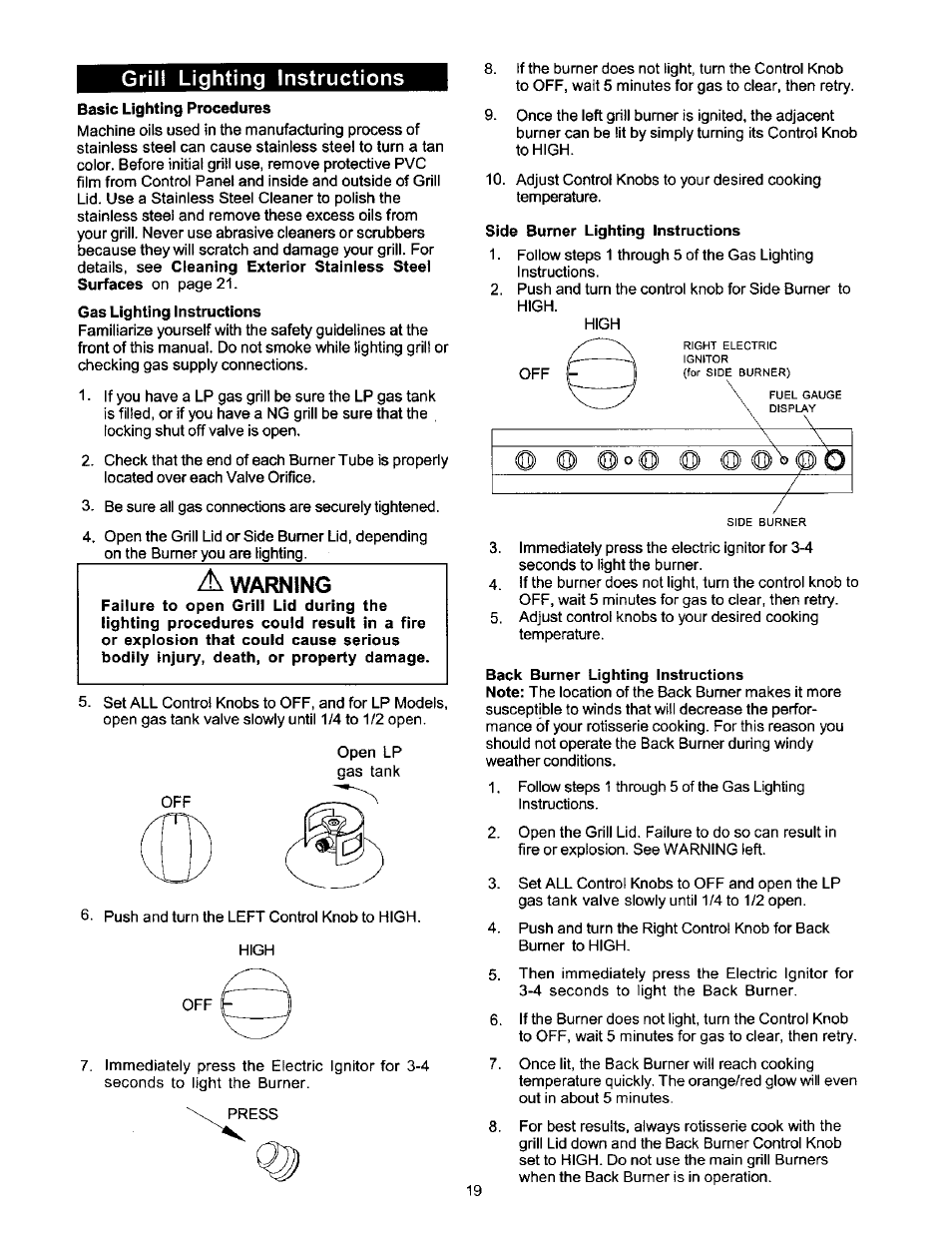 Grill lighting instructions, Side burner lighting instructions, Warning | Kenmore 141 17690 User Manual | Page 19 / 38