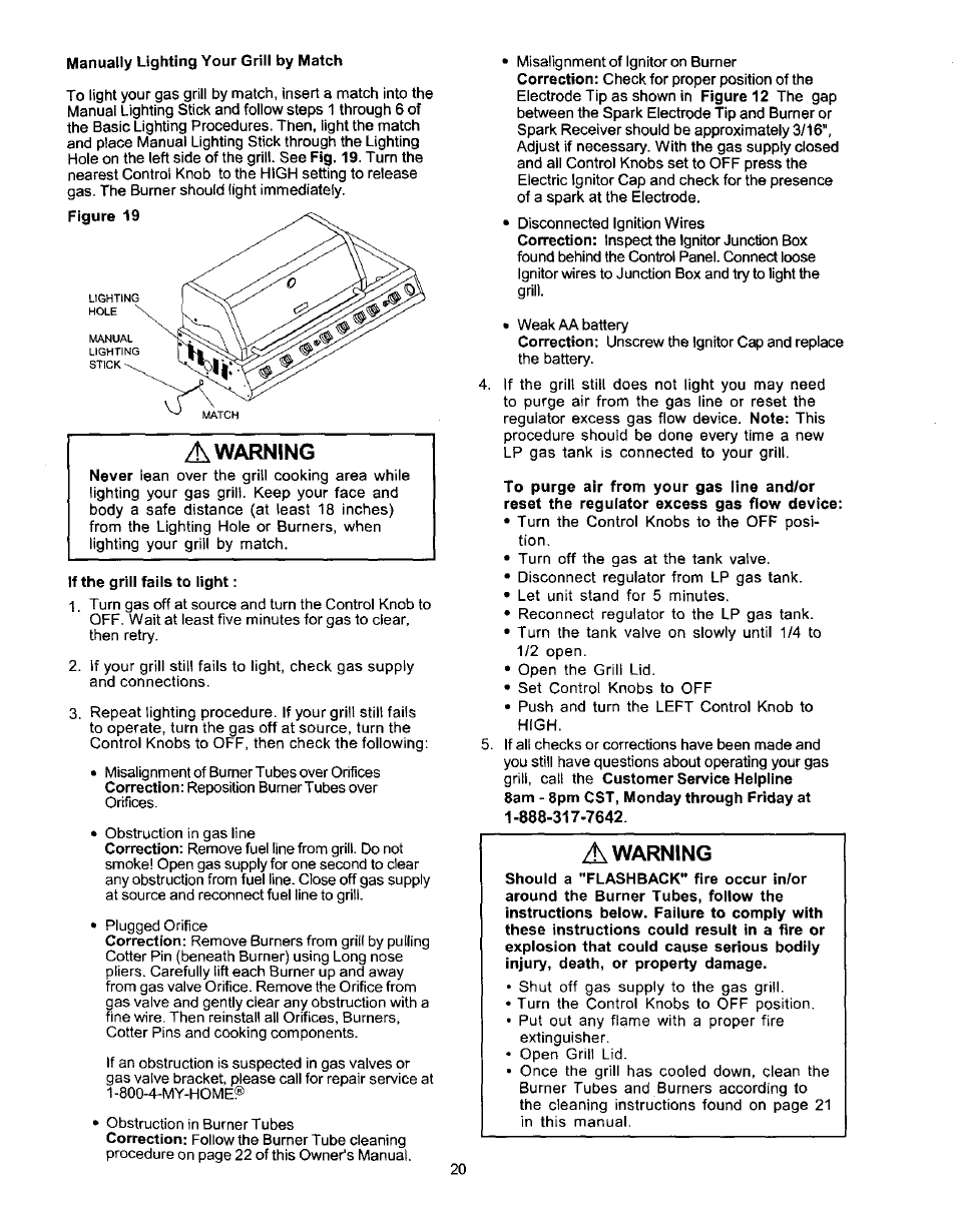 Manually lighting your grill by match, If the grill fails to light, A warning | Warning | Kenmore 141 17690 User Manual | Page 20 / 38