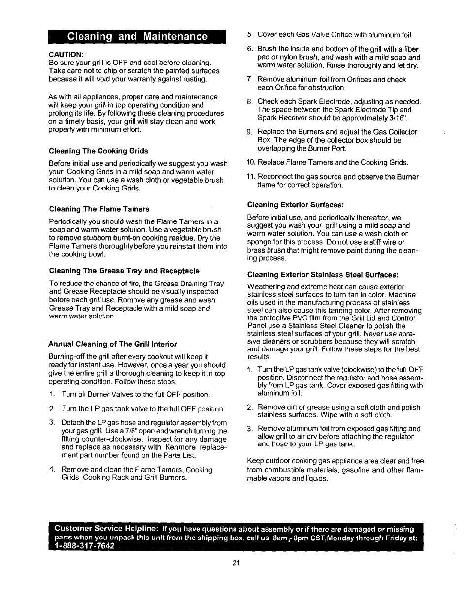 Cleaning and maintenance, Caution, Cleaning the cooking grids | Cleaning the flame tamers, Cleaning the grease tray and receptacle, Annual cleaning of the grill interior, Cleaning exterior surfaces, Cleaning exterior stainless steel surfaces | Kenmore 141 17690 User Manual | Page 21 / 38