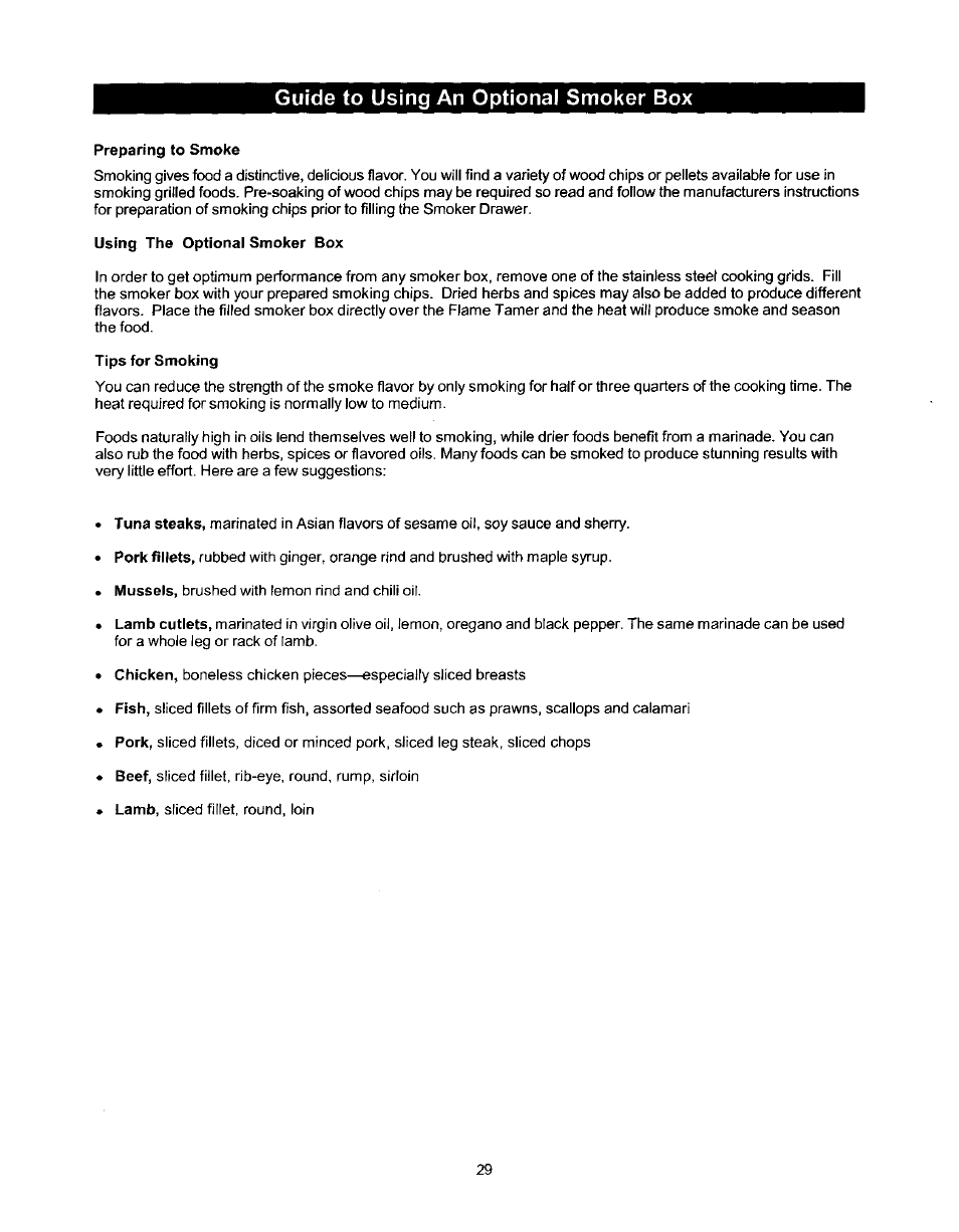 Guide to using an optional smoker box, Preparing to smoke, Using the optional smoker box | Tips for smoking | Kenmore 141 17690 User Manual | Page 29 / 38