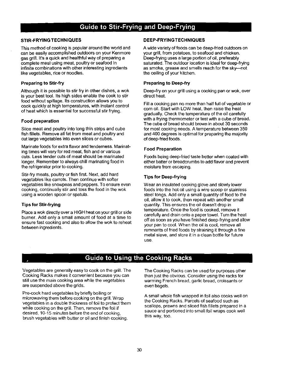 Guide to stir-frying and deep-frying, Stir-frying techniques, Preparing to stir-fry | Food preparation, Tips for stir-frying, Deep-fryingtechniques, Preparing to deep-fry, Tips for deep-frying, Guide to using the cooking racks | Kenmore 141 17690 User Manual | Page 30 / 38