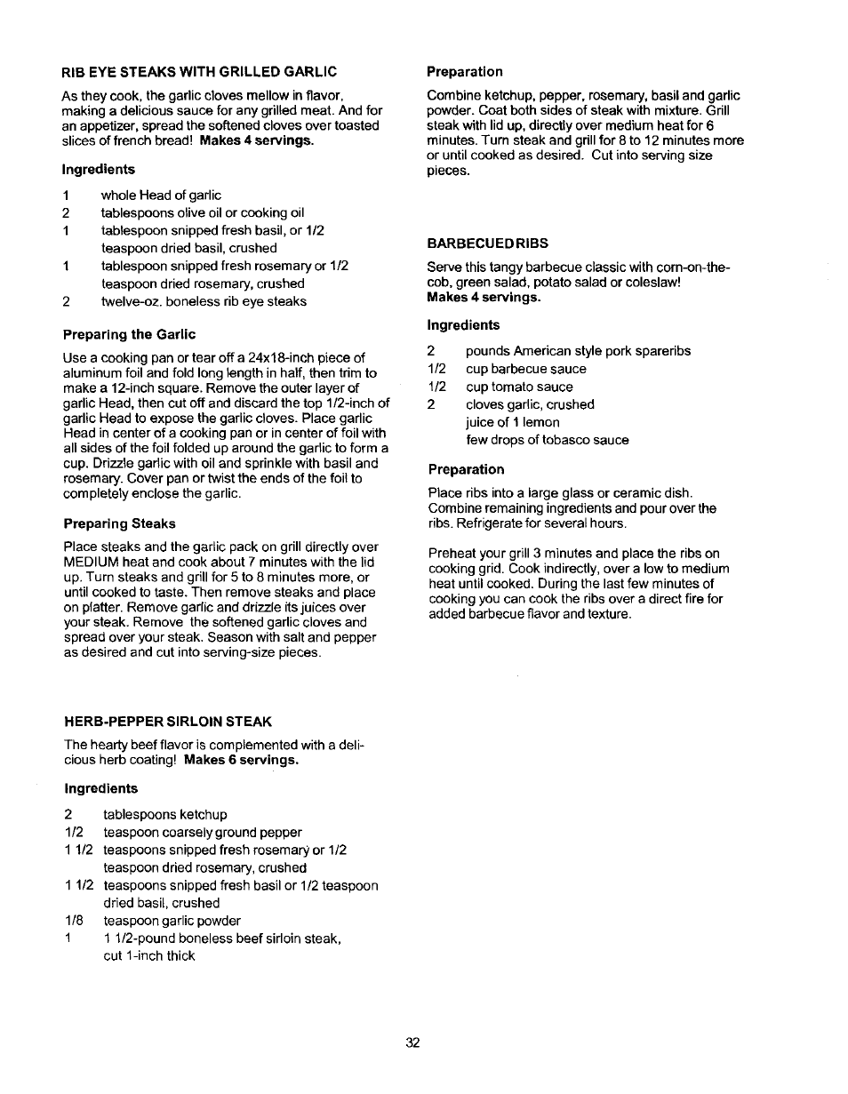 Ingredients, Preparing the garlic, Preparing steaks | Barbecued ribs, Preparation, Herb-pepper sirloin steak | Kenmore 141 17690 User Manual | Page 32 / 38