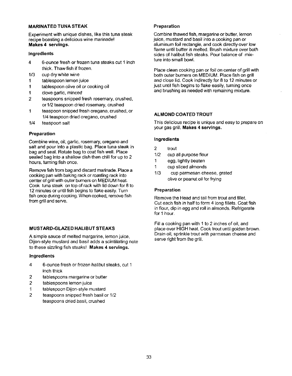 Ingredients, Preparation, Almond coated trout | Mustard-glazed halibut steaks | Kenmore 141 17690 User Manual | Page 33 / 38