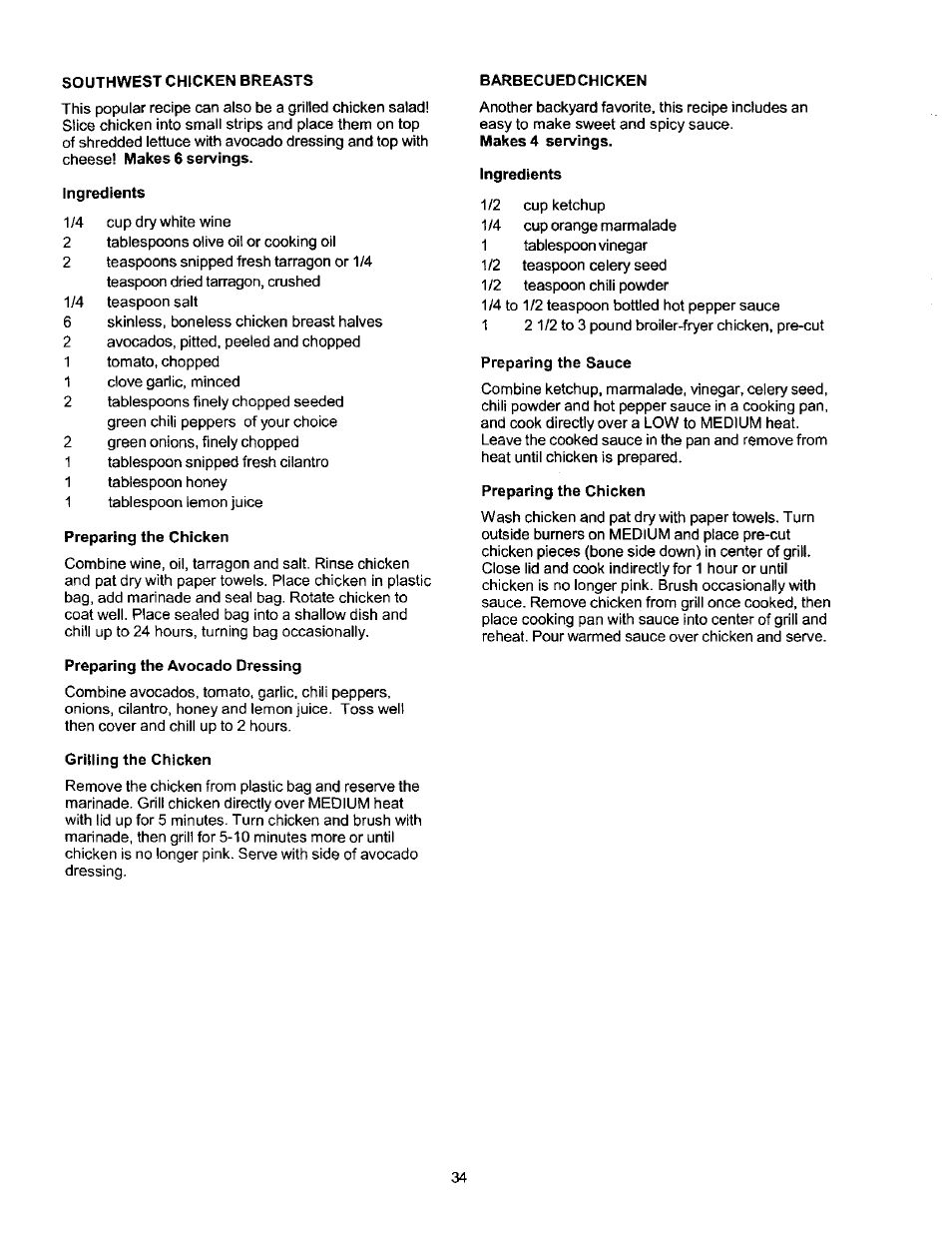 Southwest chicken breasts, Ingredients, Preparing the chicken | Preparing the avocado dressing, Grilling the chicken, Barbecued chicken, Preparing the sauce | Kenmore 141 17690 User Manual | Page 34 / 38