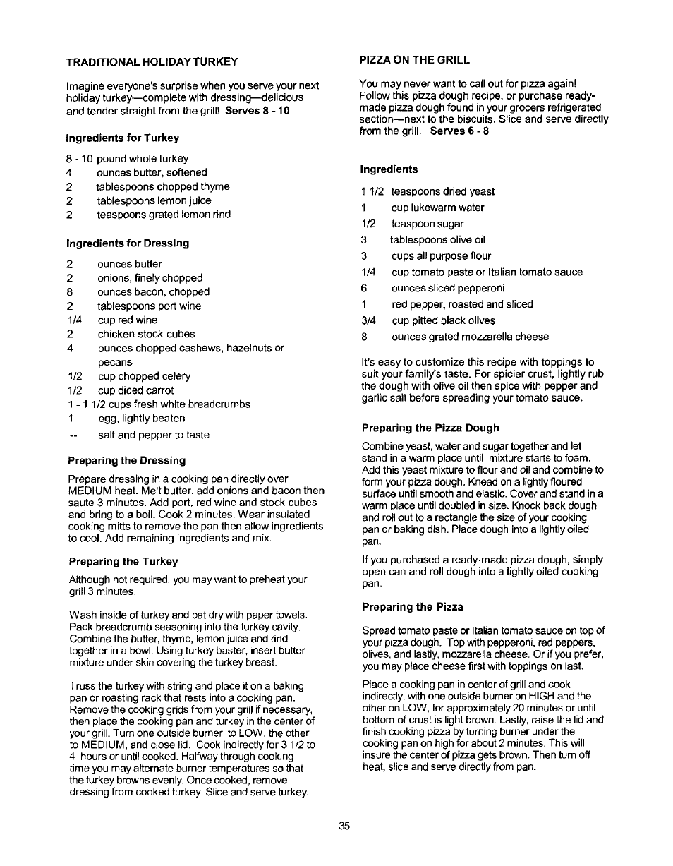 Ingredients for turkey, Ingredients for dressing, Preparing the dressing | Preparing the turkey, Ingredients, Preparing the pizza dough, Preparing the pizza | Kenmore 141 17690 User Manual | Page 35 / 38