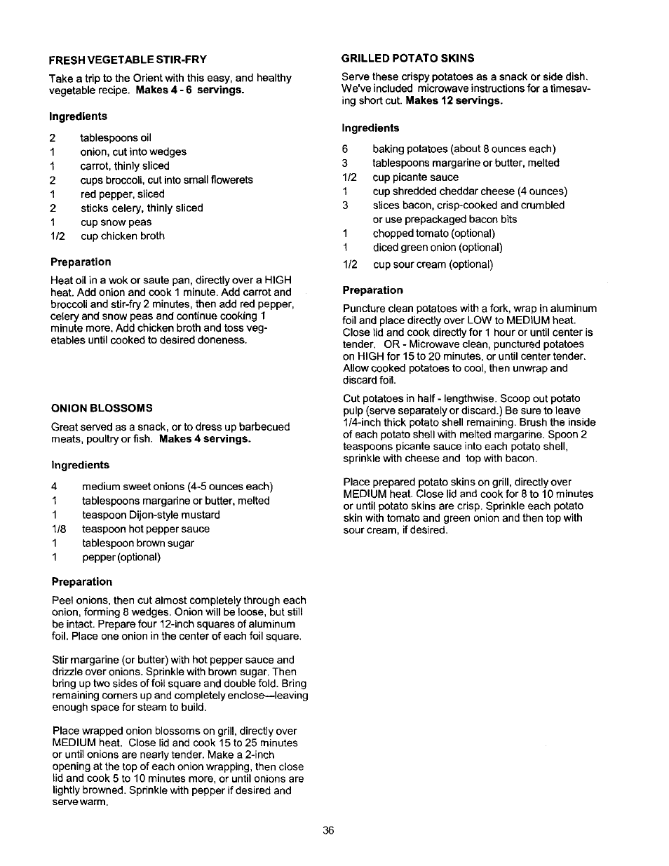 Fresh vegetable stir-fry, Ingredients, Preparation | Onion blossoms, Grilled potato skins | Kenmore 141 17690 User Manual | Page 36 / 38