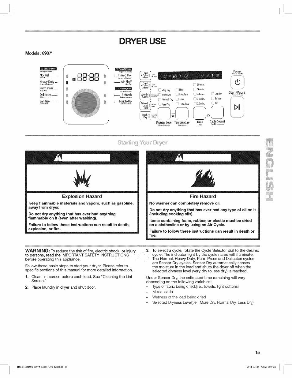 Models: 8907, Dryer use, U/ m explosion hazard fire hazard | Warning | Kenmore 8907 User Manual | Page 15 / 26