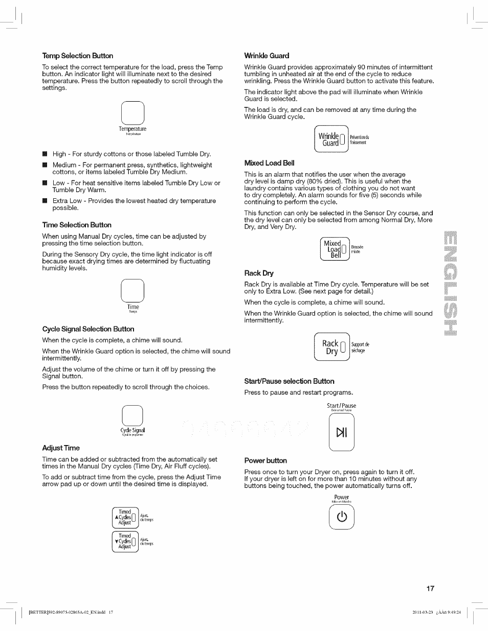 Temp selection button, Cycle signal selection button, Wrinkle guard | Mixed load bell, Rack dry, Start/pause selection button, Adjust time, Power button, Selection, Button | Kenmore 8907 User Manual | Page 17 / 26