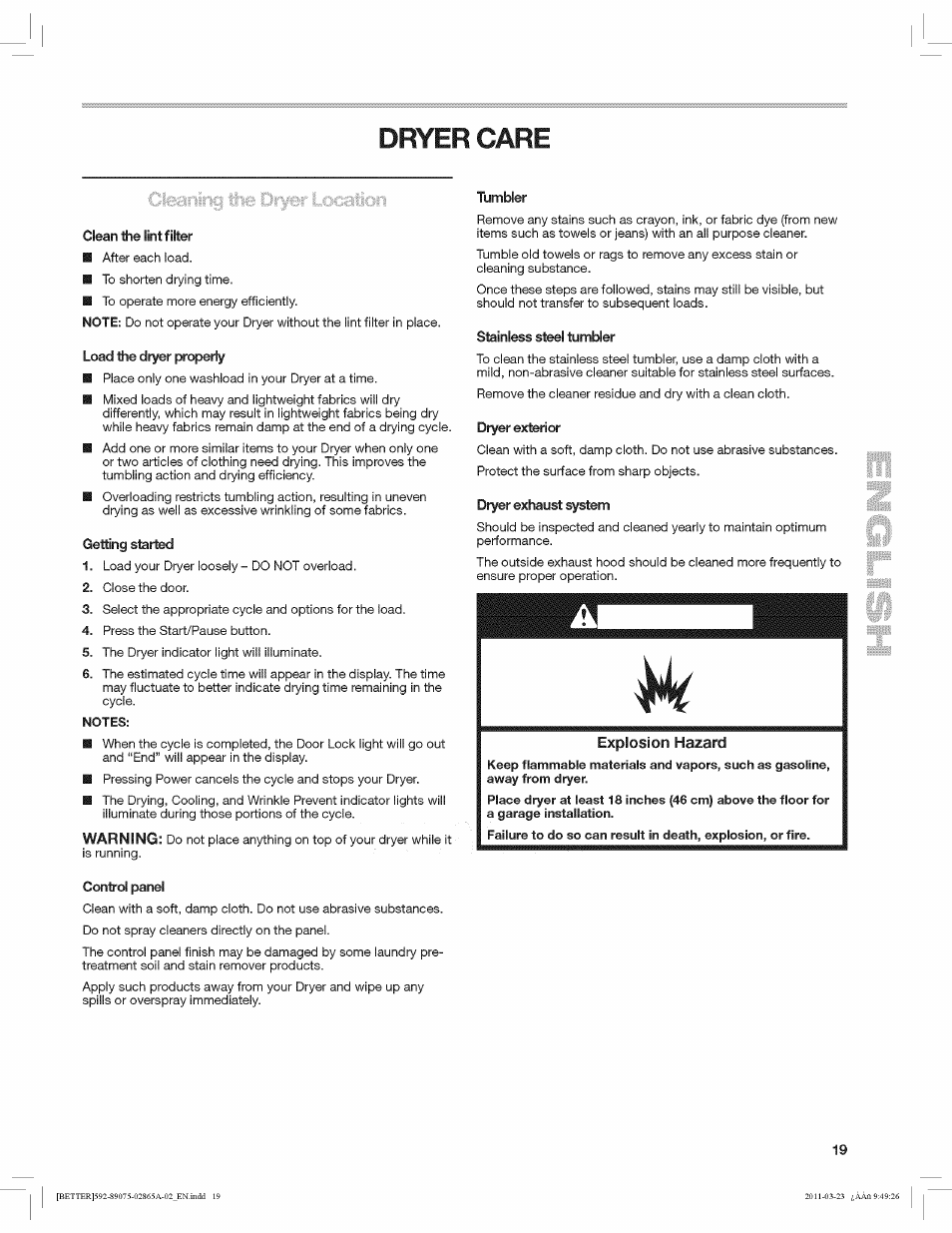 Dryer care, Clean the lint filter, Load the dryer properly | Getting started, Tumbler, Stainless steel tumbler, Dryer exterior, Dryer exhaust system, Control panel | Kenmore 8907 User Manual | Page 19 / 26