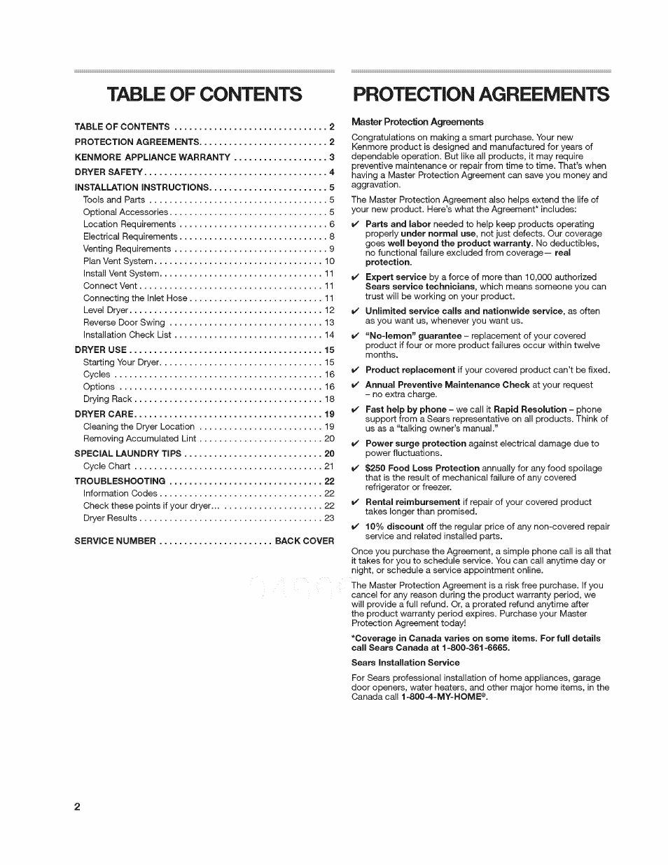 Protection agreements, Master protection agreements, Table of contents protection agreements | Kenmore 8907 User Manual | Page 2 / 26