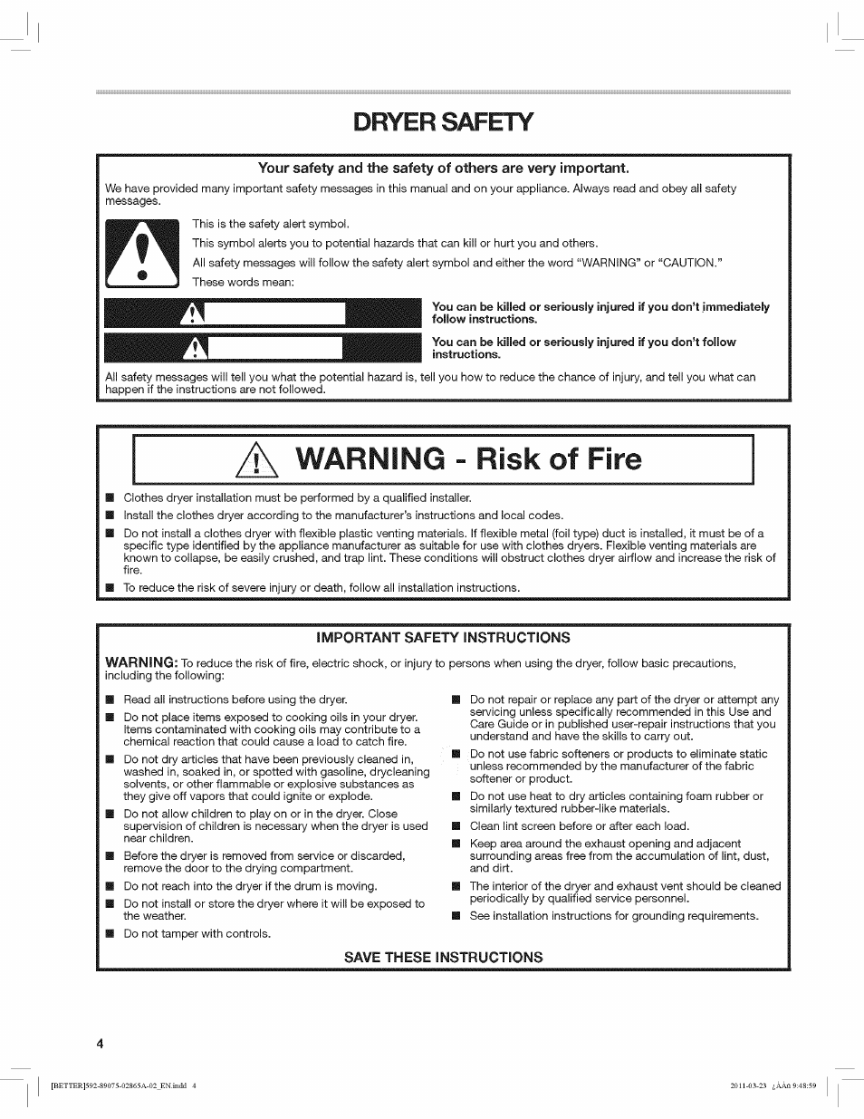 Dryer safety, Important safety instructions, Save these instructions | A warning - risk of fire | Kenmore 8907 User Manual | Page 4 / 26