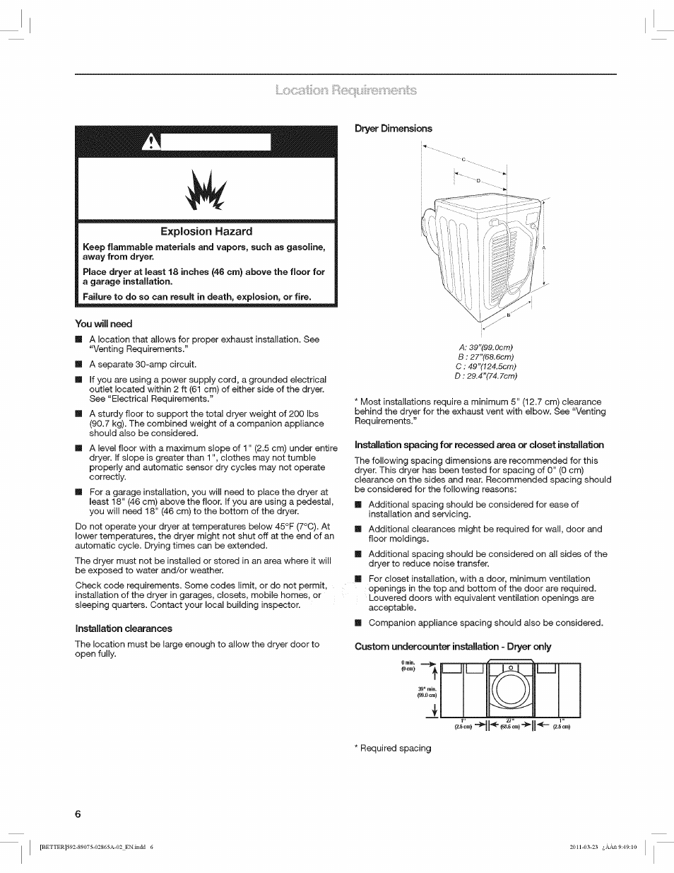 Dryer dimensions, You will need, Installation clearances | U/ explosion hazard | Kenmore 8907 User Manual | Page 6 / 26