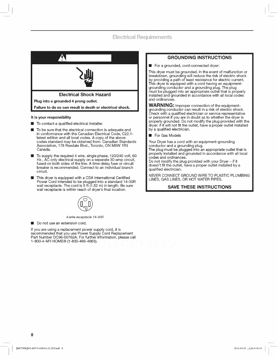 Electrical shock hazard, Grounding instructions, Warning | Save these instructions | Kenmore 8907 User Manual | Page 8 / 26