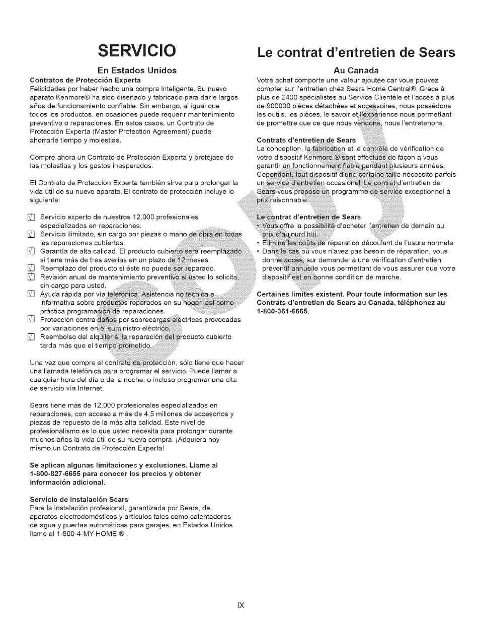 Servicio, En estados unidos, Au canada | Le contrat d’entretien de sears | Kenmore 15343 User Manual | Page 10 / 67