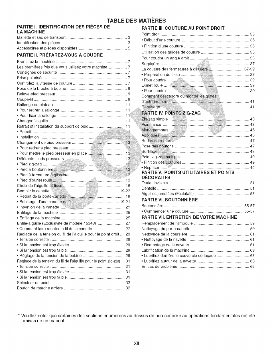 Table des, Matieres | Kenmore 15343 User Manual | Page 13 / 67