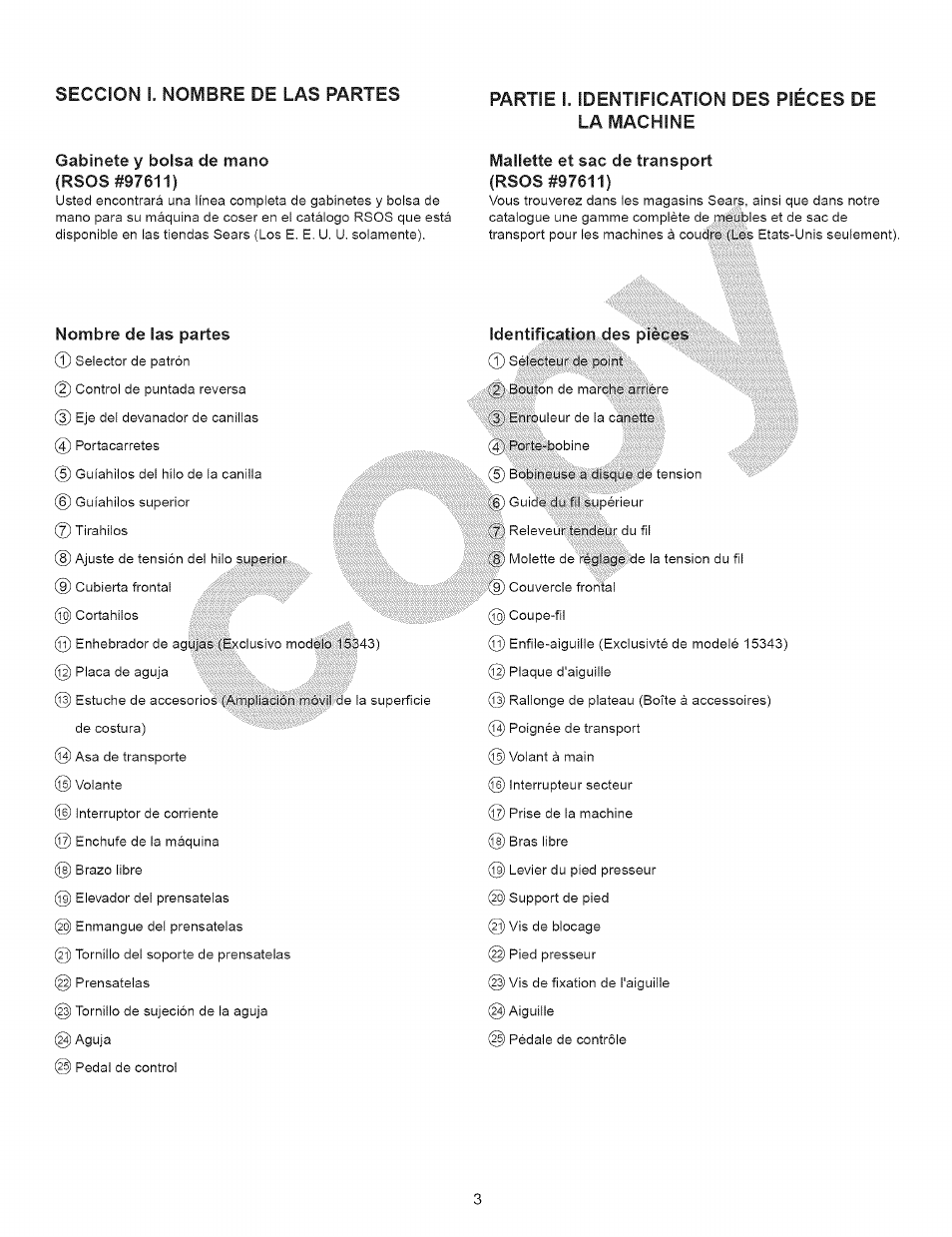 Seccion i. nombre de las partes, Gabinete y bolsa de mano (rsos #97611), Nombre de las partes | Partie i. identification des pieces de la machine, Mallette et sac de transport (rsos #97611) | Kenmore 15343 User Manual | Page 15 / 67