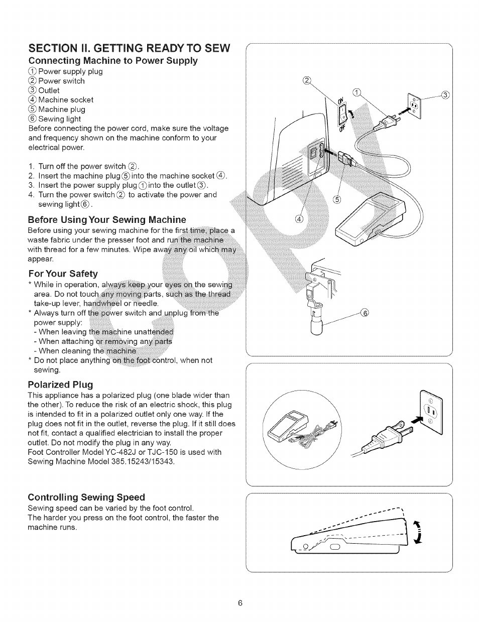 Before using your sewing machine, For your safety, Polarized plug | Controlling sewing speed | Kenmore 15343 User Manual | Page 18 / 67