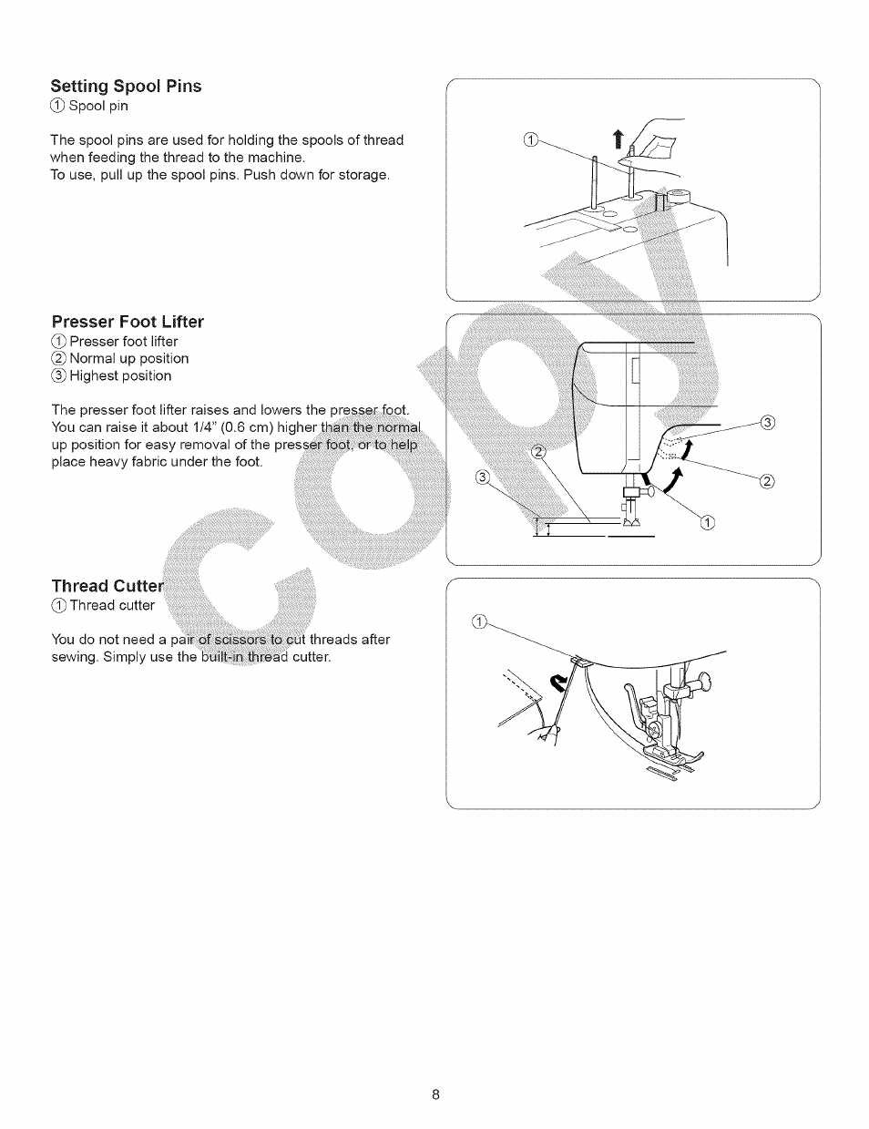 Setting spool pins, Presser foot lifter, Thread cutter | Presser foot types | Kenmore 15343 User Manual | Page 20 / 67