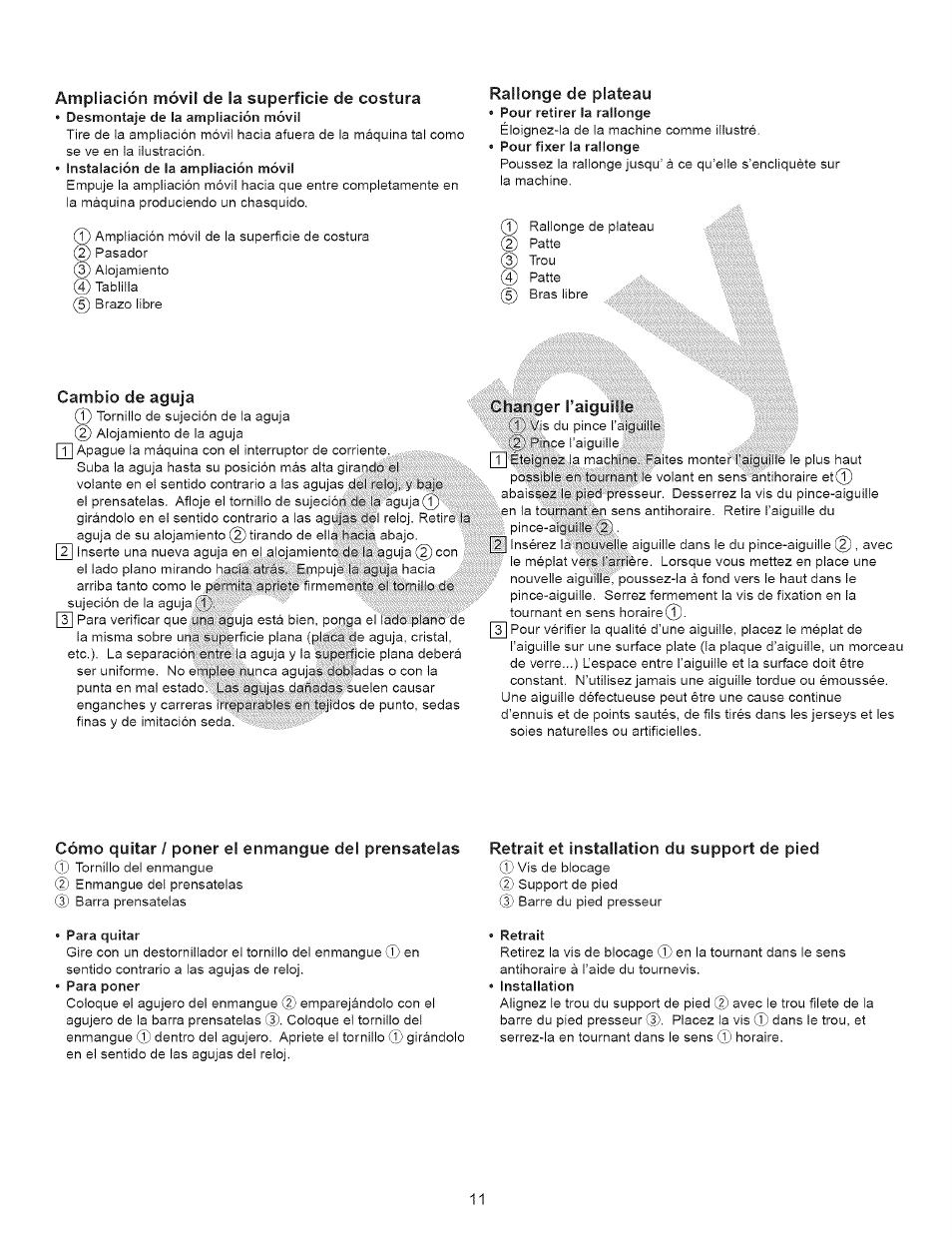 Ampliación móvil de la superficie de costura, Rallonge de plateau, Cambio de aguja | Cómo quitar / poner el enmangue del prénsatelas, Retrait et installation du support de pied | Kenmore 15343 User Manual | Page 23 / 67