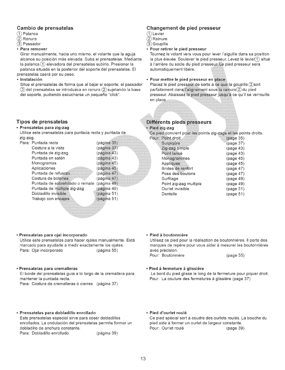 Cambio de prénsatelas, Changement de pied presseur, Tipos de prénsatelas | Ihi^fents piedslpkiseurs | Kenmore 15343 User Manual | Page 25 / 67