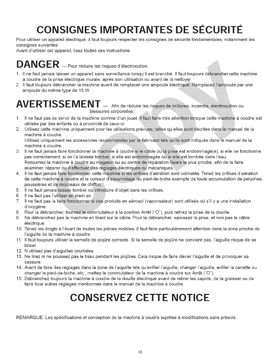 Consignes importantes de sécurité, Conservez cette notice, Danger | Avertissement | Kenmore 15343 User Manual | Page 4 / 67