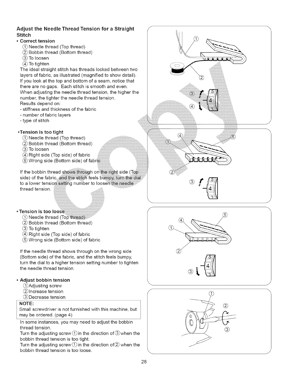 Tension is too tight, Tension is too loose, Adjust bobbin tension | Kenmore 15343 User Manual | Page 40 / 67